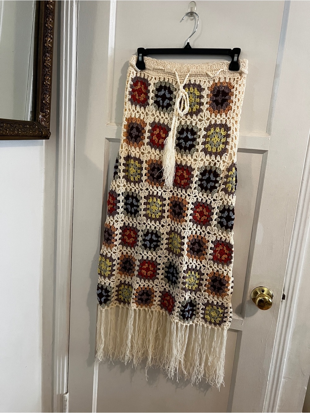 Crochet Fringe Midi Skirt - Cream with Multicolor Squares